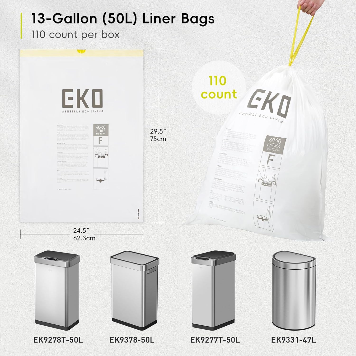 Sacos de Lixo EKO 40–60 L com Cordão de 110 L — Extra-Fortes, Sem Cheiro e Anti-Rasgo para Cozinha e Uso Doméstico